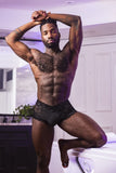 Male Power 127-280 Sassy Lace Mini Short Sheer Pouch Color Black