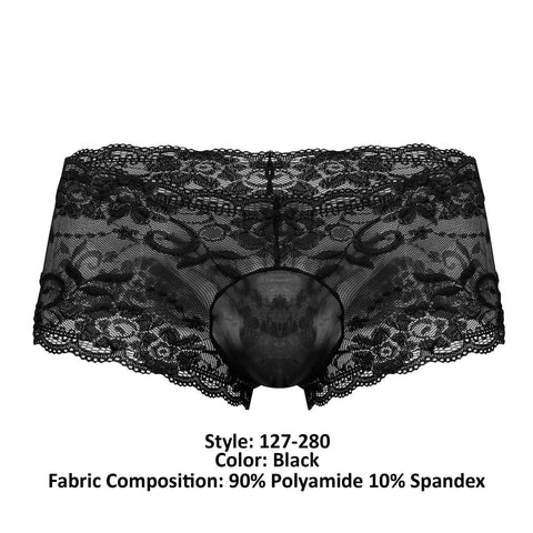 Male Power 127-280 Sassy Lace Mini Short Sheer Pouch Color Black