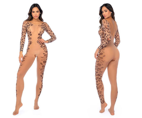 Mapale 1143 Long Print Sleeve Leopard Mesh Bodystocking Color Leopard Print