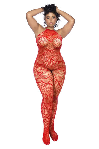 Mapale 1164X Heart Fishnet Bodystocking with Rhinestone Detail Color Red