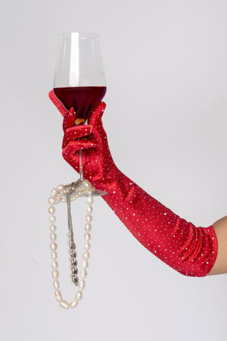 Mapale 135 Satin Rhinestone Opera Gloves Color Red-Rhinestone