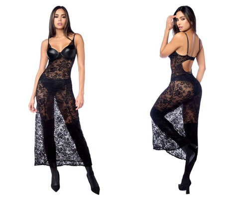 Mapale 7616 Long Gown with matching Panty Garter Belt Color Black
